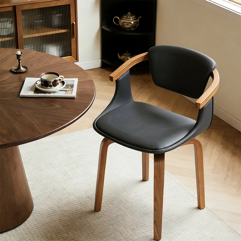 Modern Minimalist Solid Wood & Plywood Faux Leather Swivel Ergonomic Upholstered Dining Chair With Armrests For Dining Room & Home Office