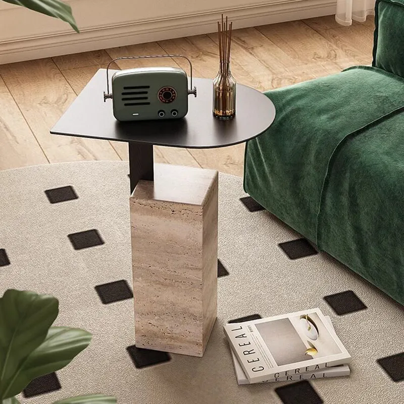 Contemporary Nordic Travertine Stone Steel Rounded Corner Side Table For Living Room & Bedroom