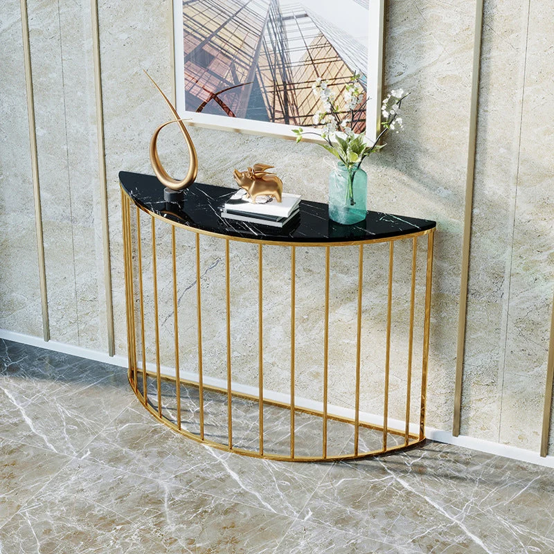 Contemporary Marble Console Accent Table Half Moon Iron End Table for Hall