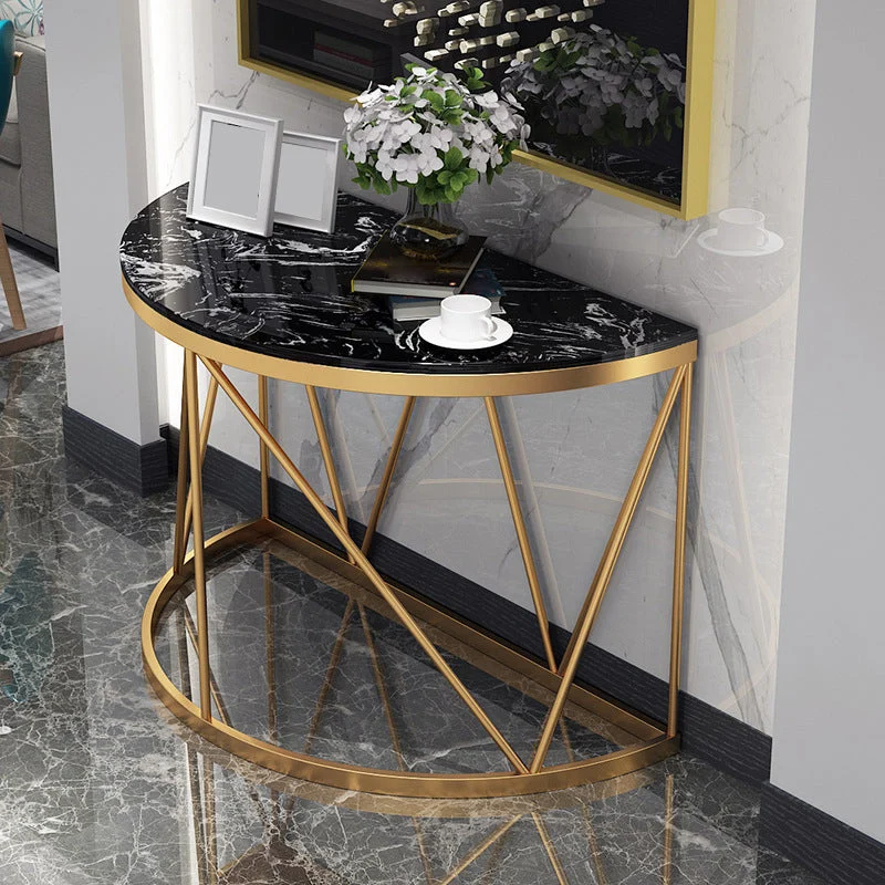 Contemporary Marble Console Sofa Table Half Moon Iron End Table for Hall