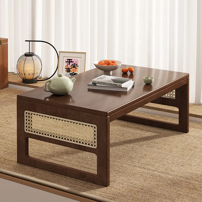 Traditional Japanese Rectangular Folding Rubberwood Rattan Coffee Table 1-Tier For Living Room
