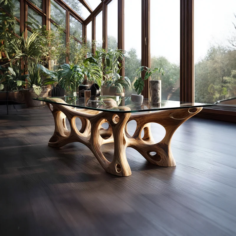 Spry Interior Mid Century Sculptural Wood Coffee Table, Modern Living Room Solid Wood Center Table, Model SINLKICF114