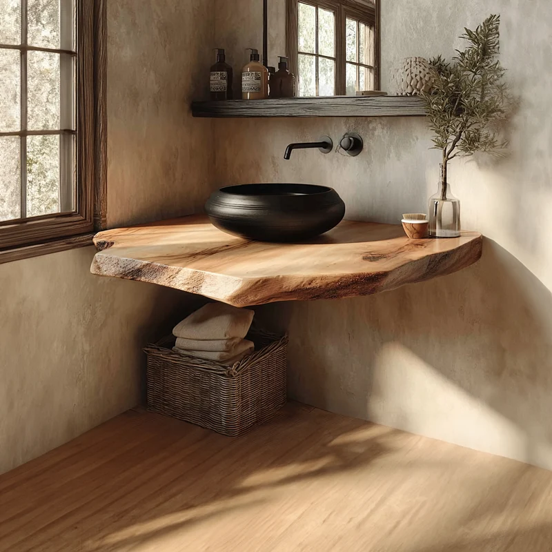 Spry Interior Mid Century Live Edge Wood Floating Shelf, Powder Room Vanity Natural Solid Wood Wall Shelf, Model SINLKIBRV163