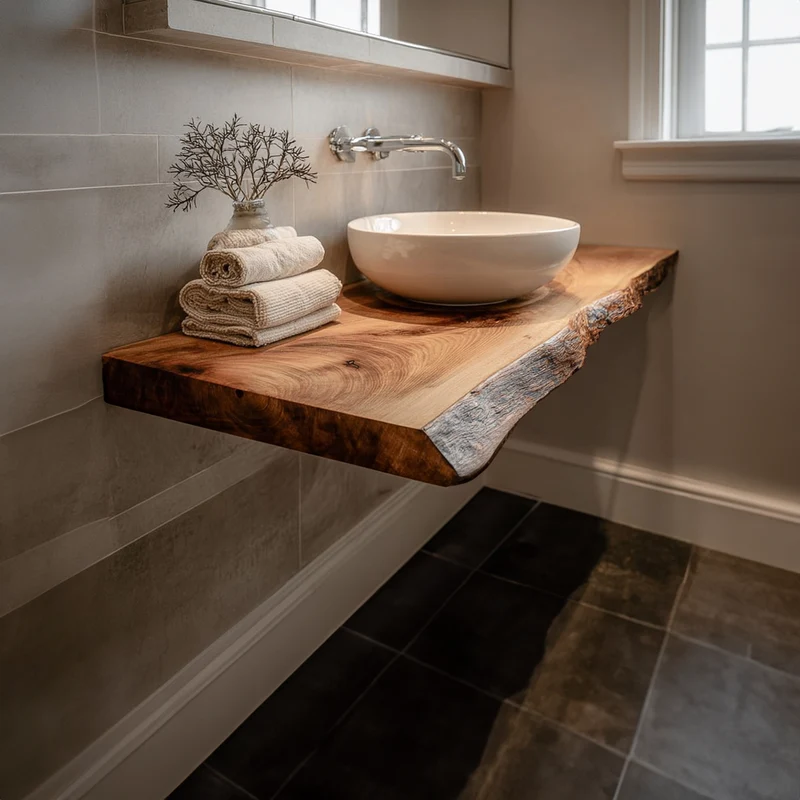 Spry Interior Mid Century Live Edge Floating Shelf, Bathroom Natural Solid Wood Wall Mounted Shelf, Model SINLKIBRV167