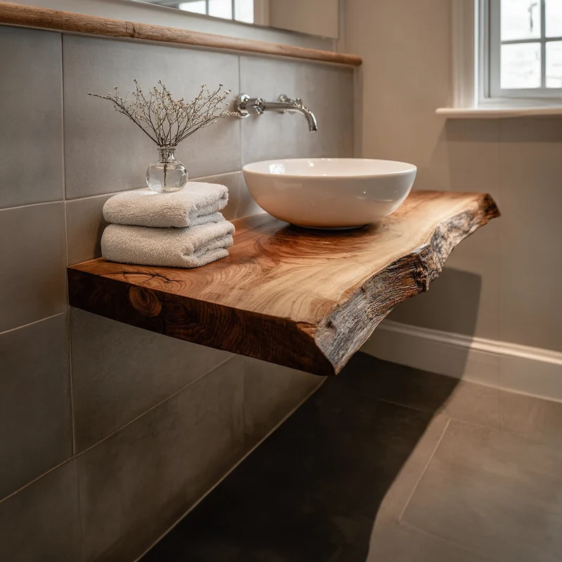 Spry Interior Rustic Live Edge Floating Shelf, Washroom Natural Solid Wood Wall Mounted Storage Shelf, Model SINLKIBRV165