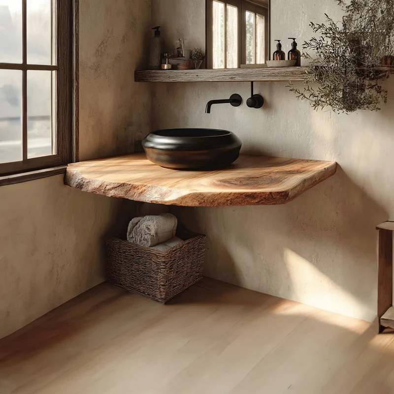 Spry Interior Rustic Live Edge Floating Shelf, Bathroom Natural Solid Wood Wall Mounted Storage Shelf, Model SINLKIBRV164
