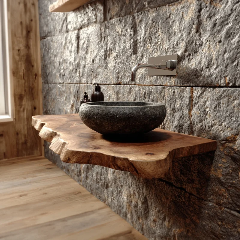 Spry Interior Rustic Live Edge Wood Floating Shelf, Washroom Vanity Natural Solid Wood Wall Mounted Shelf, Model SINLKIBRV171