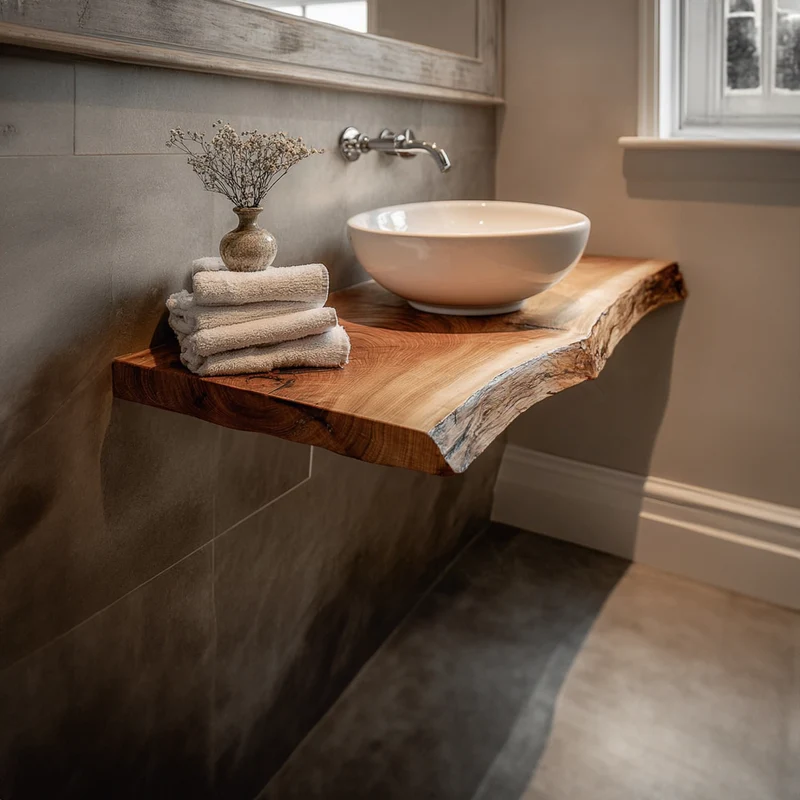 Spry Interior Mid Century Live Edge Floating Shelf, Powder Room Natural Solid Wood Wall Mounted Shelf, Model SINLKIBRV169