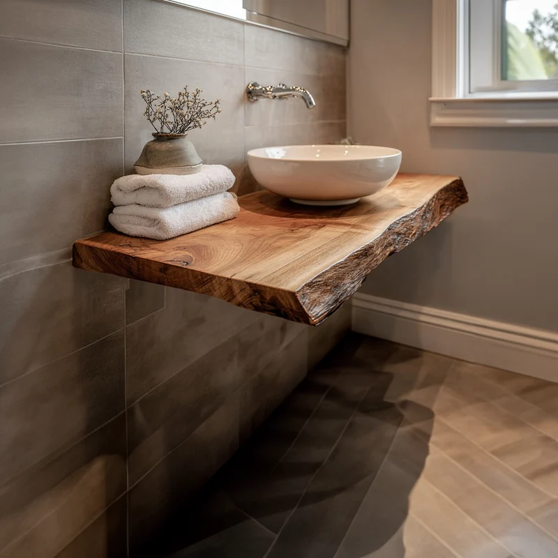 Spry Interior Mid Century Live Edge Floating Shelf, Washroom Natural Solid Wood Wall Mounted Shelf, Model SINLKIBRV168