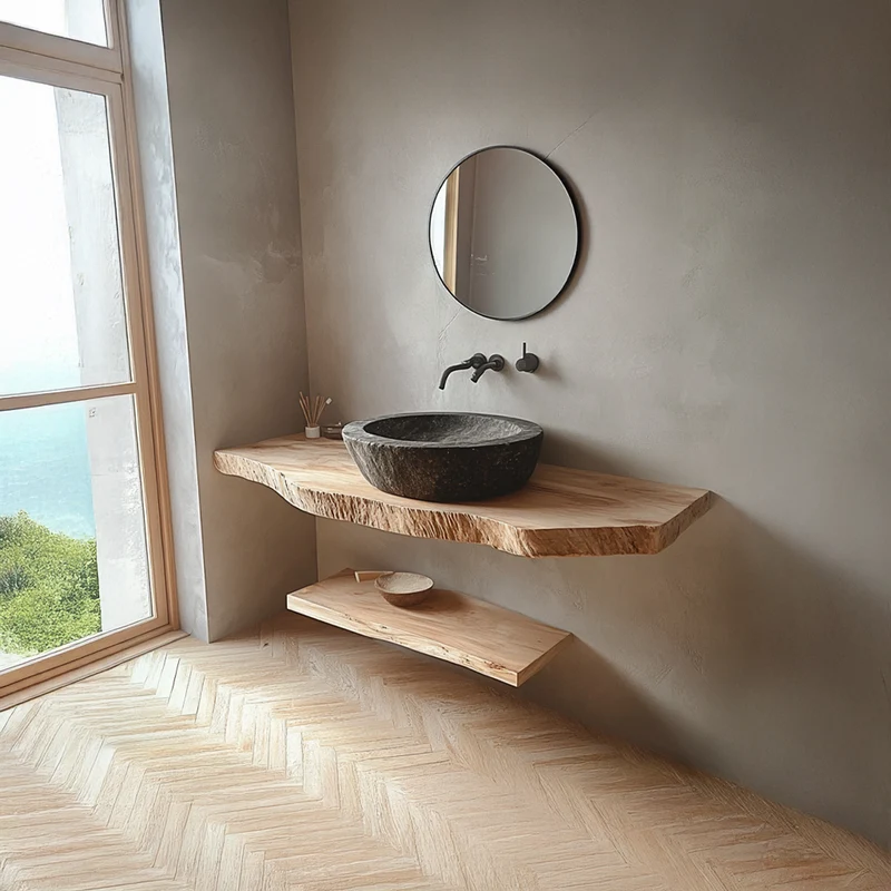 Spry Interior Mid Century Wood Floating Shelf, Washroom Vanity Solid Wood Wall Mounted Storage Shelf, Model SINLSABRV174