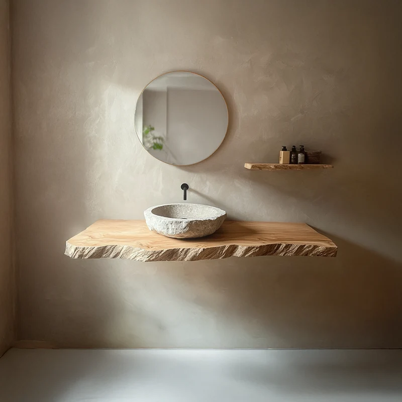 Spry Interior Rustic Live Edge Wood Floating Shelf, Bathroom Vanity Natural Solid Wood Wall Storage Shelf, Model SINLSABRV173
