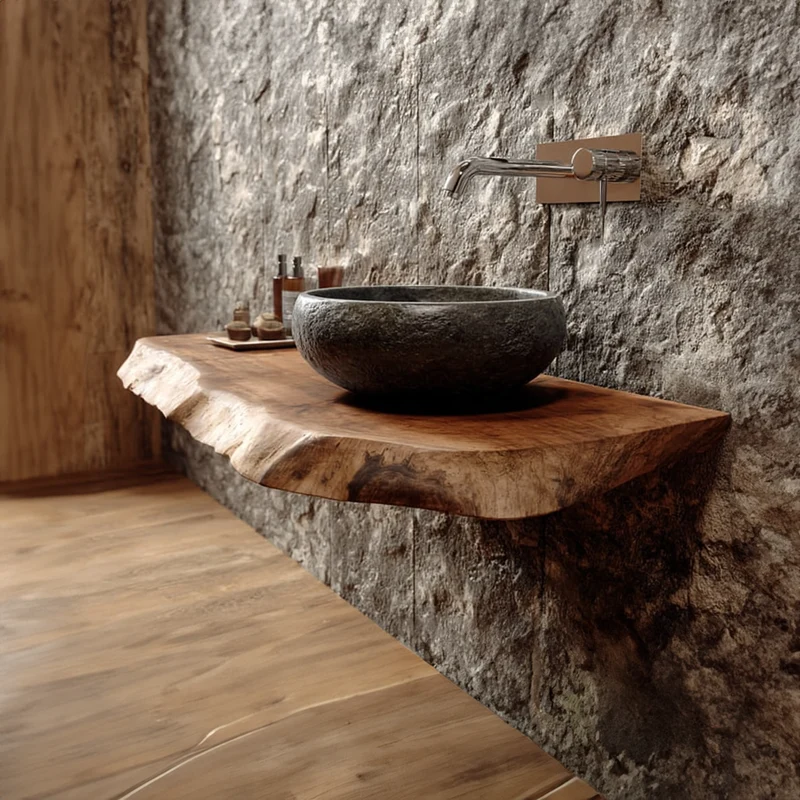 Spry Interior Rustic Live Edge Wood Floating Shelf, Powder Room Vanity Natural Solid Wood Wall Shelf, Model SINLKIBRV172