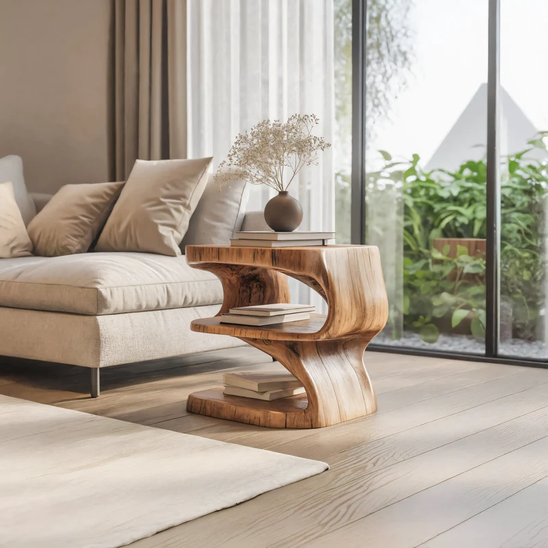 Spry Interior Modern Sculpted Wood Side Table with Open Shelf, Artistic Solid Wood End Table & Nightstand for Bedroom & Living Room SITHTTSTA016