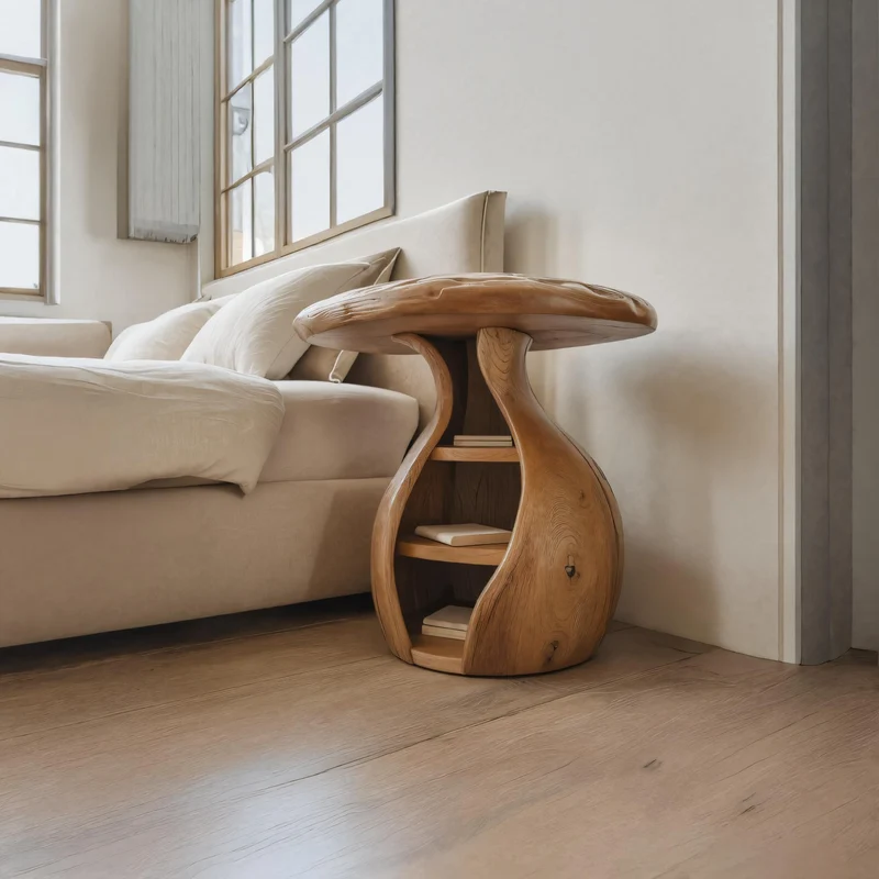 Spry Interior Artistic Wooden Bedside Table, Modern Curved Solid Wood Nightstand with Storage Shelves for Bedroom Decor SITHTTSTA014