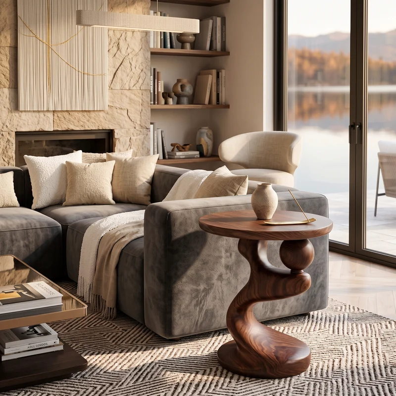 Spry Interior Modern Sculpted Wood Side Table, Artistic Curved Base Solid Wood End Table & Nightstand for Living Room, Bedroom SITHTTSTA010