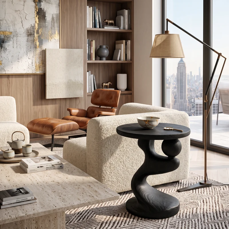 Spry Interior Modern Sculpted Wood Side Table, Artistic Curved Base Solid Wood End Table & Nightstand for Living Room, Bedroom SITHTTSTA010