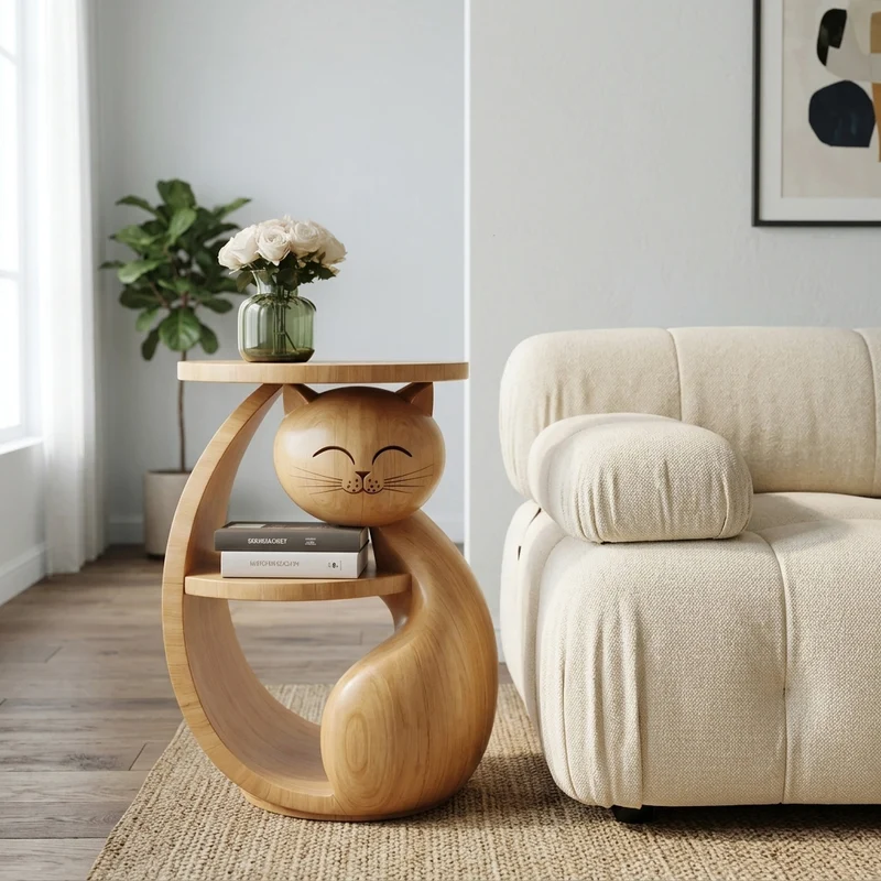 Whimsical Cat Shaped Wooden Side Table With Shelf For Bedroom Or Kids Room SITHHNSTA003