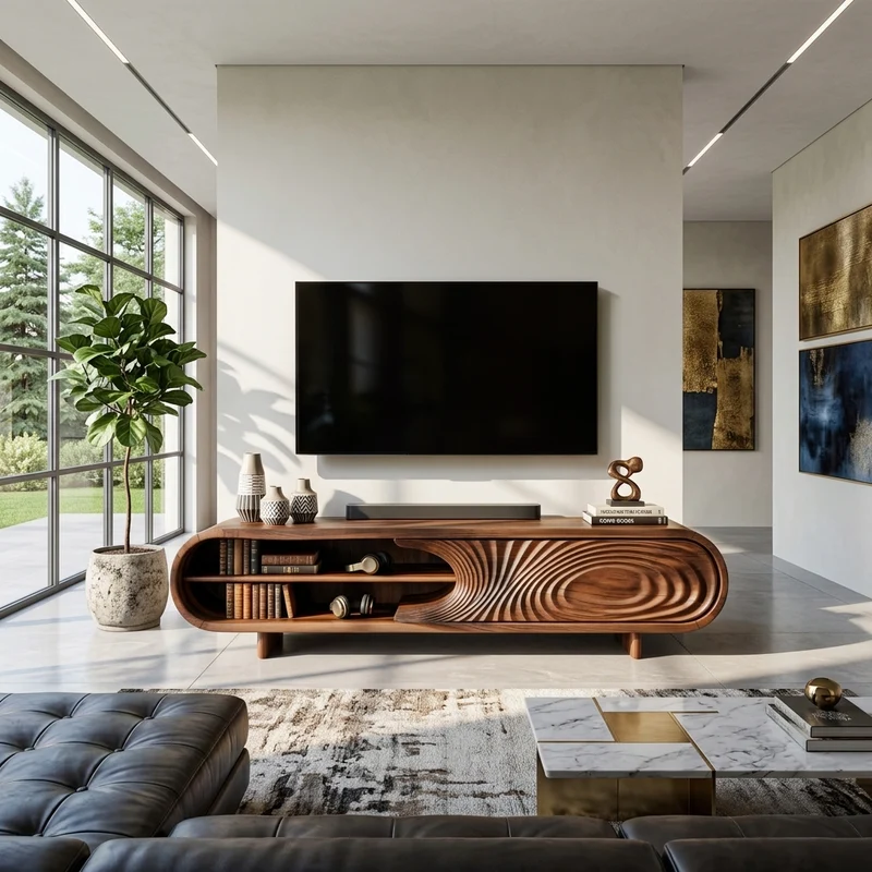 Modern Sculptural Wood TV Stand With Curved Grain Pattern For Living Room SITHTTTVC010