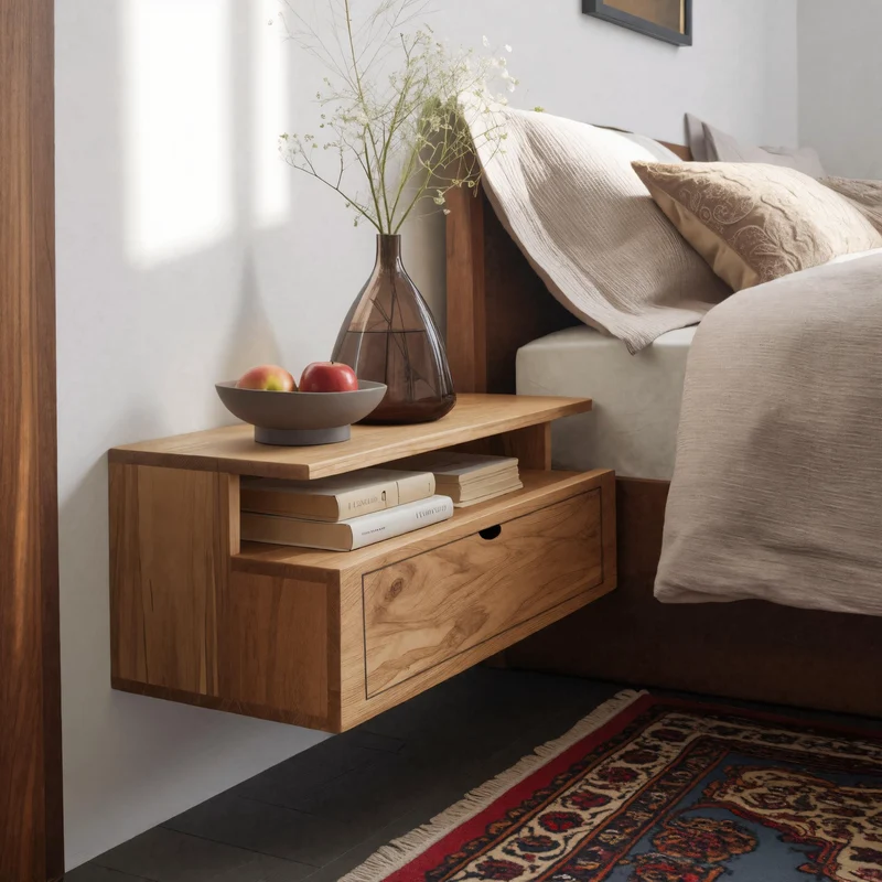 Spry Interior Floating Wooden Nightstand with Drawer & Shelf, Minimalist Solid Wood Wall-Mounted Bedside Table for Bedroom SITHHNNS008