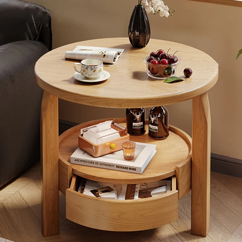 Modern Minimalist Solid Rubberwood & Plywood Round Side Table With Drawer & 2-Tier Storage For Living Room & Bedroom
