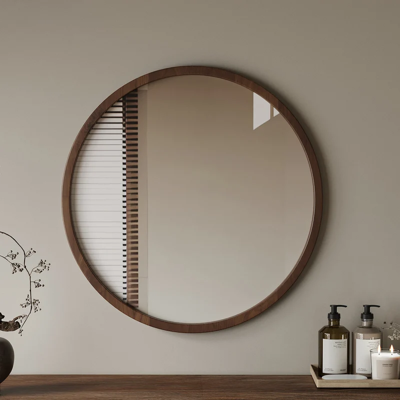 Modern Minimalist Rubber Wood Round HD Makeup Mirror For Bedroom & Bathroom Wall Mounted Or Leaning