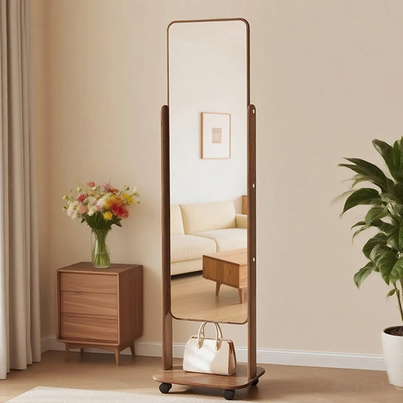 Modern Minimalist MDF Rounded Corner Full-Length Floor Mirror Mobile Shelf With Storage For Living Room & Bedroom