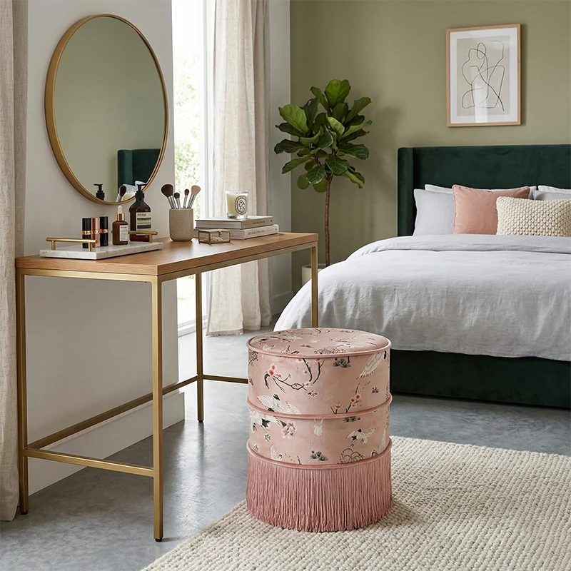 Traditional Chinese Cylindrical Printed Velvet PU Leather Solid Wood Vanity Stool Backless Armless For Bedroom