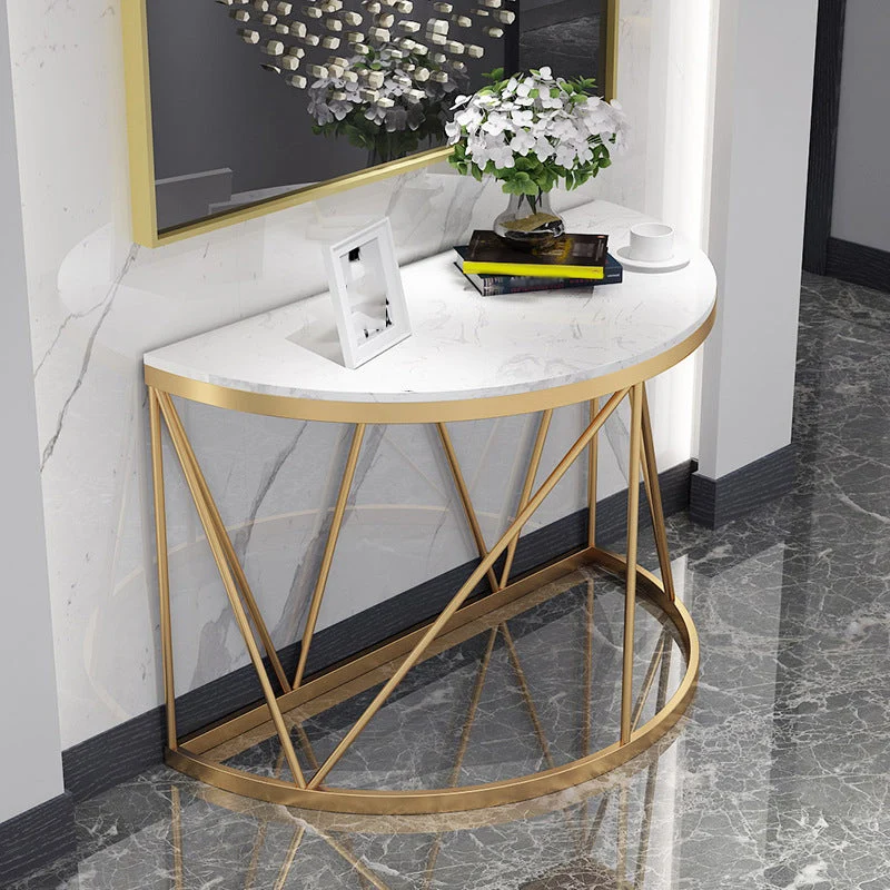 Glam Marble Console Table Half Moon Iron Accent Table for Hall