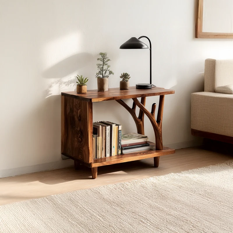 Spry Interior Free Standing Rustic Wood End Table, Natural Edge Accent Side Table for Living Room Sofa, Handcrafted Nightstand, SINLSABT085