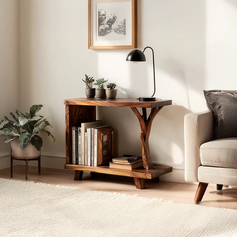 Spry Interior Free Standing Rustic Wood Side Table, Solid Accent End Table for Guest Room Nightstand, Handcrafted Natural Edge Wood, SINLSABT083