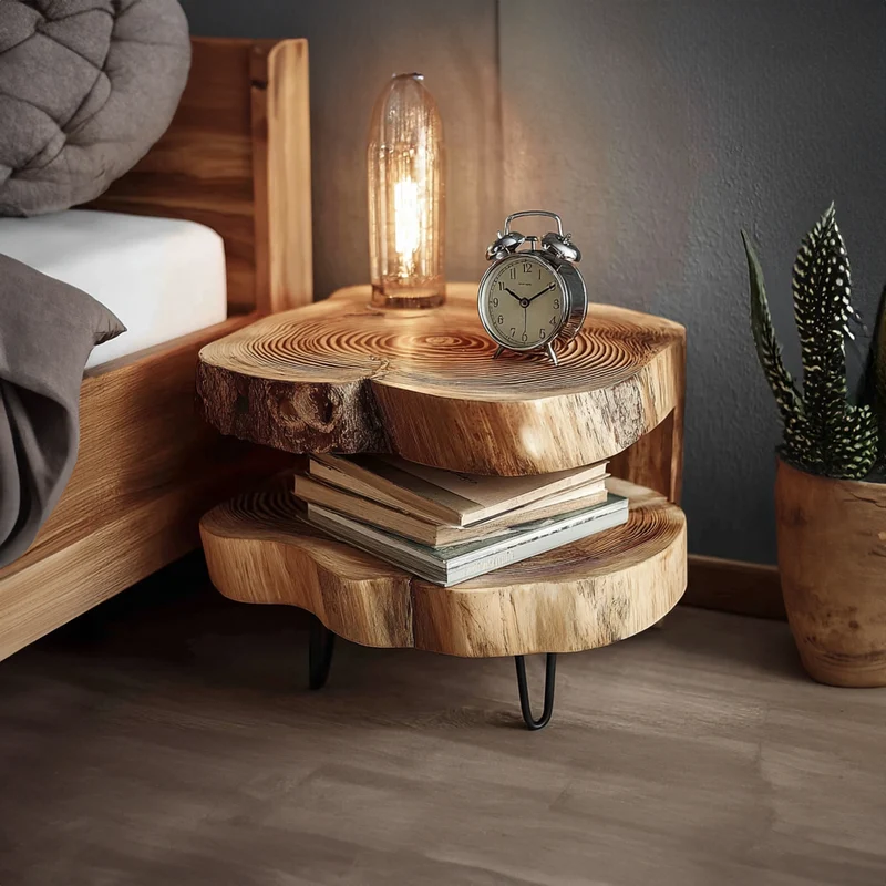 Spry Interior Rustic Solid Wood Bedside Table, Handcrafted Natural Wood Nightstand for Bedroom, Accent End Table with Metal Legs, SINLKIBT055