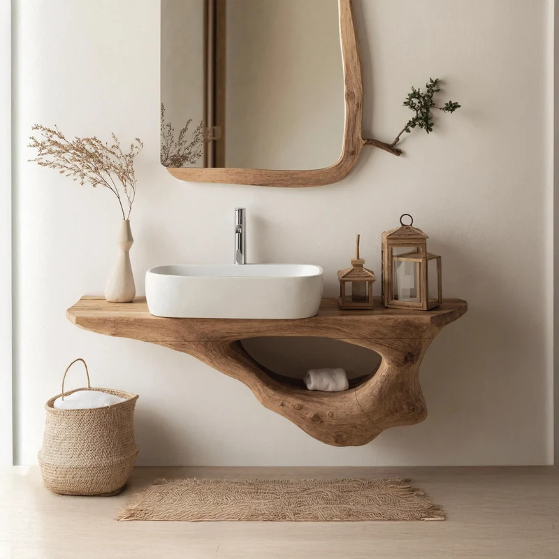 Spry Interior Mid Century Solid Wood Bathroom Furniture Set, Floating Shelves & Under Sink Vanity Cabinet Decor Storage, SILDTTNBAS008