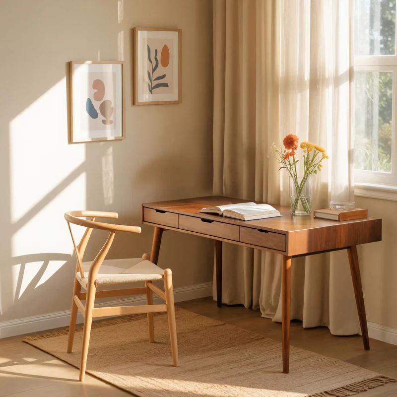 Spry Interior Mid-Century Modern Wood Desk with Drawers, Solid Wood Computer Study Table, Writing Desk for Home Office SITHHNDE019