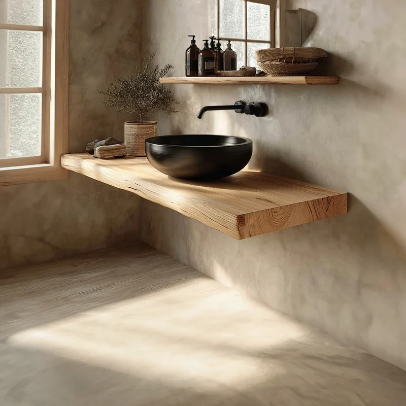 Spry Interior Mid-Century Floating Shelf, Natural Edge Solid Wood Bathroom Vanity, Single Sink Washroom Wood Countertop SINLKIBRV162