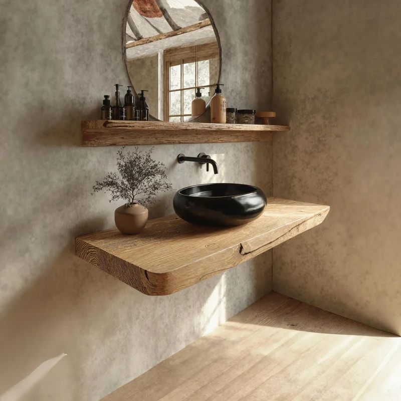 Spry Interior Rustic Floating Shelf, Natural Live Edge Solid Wood Bathroom Vanity Countertop, Single Sink Console Shelf SINLKIBRV158