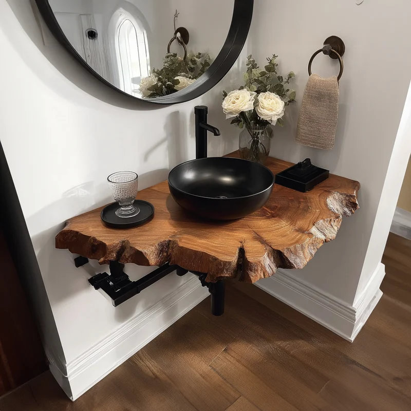 Spry Interior Rustic Floating Shelf, Narrow Solid Wood Powder Room Vanity, Compact Washroom Bathroom Sink Countertop SINLKIBRV151