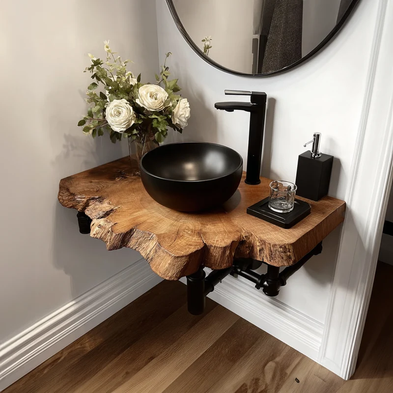 Spry Interior Mid-Century Floating Shelf, Narrow Solid Wood Powder Room Vanity Countertop, Small Bathroom Washroom Shelf SINLKIBRV150