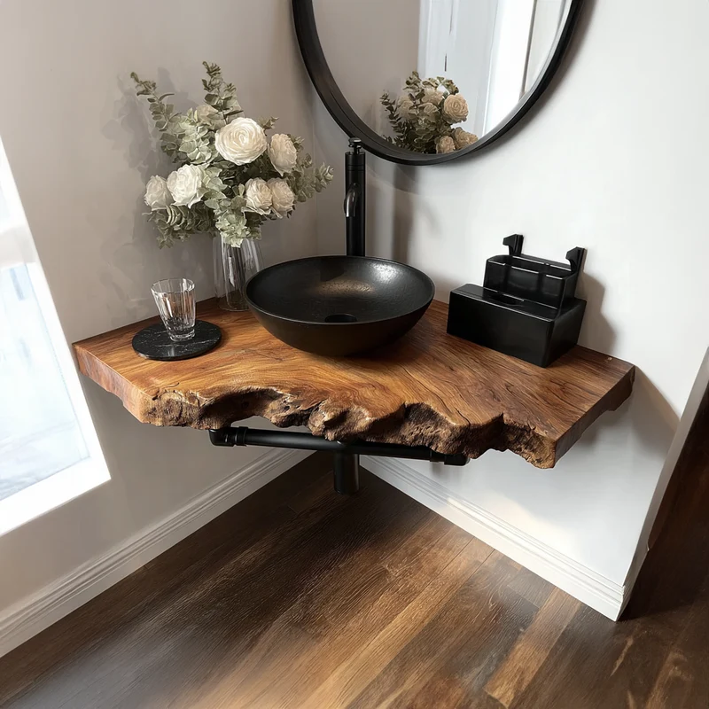 Spry Interior Mid-Century Floating Shelf, Narrow Solid Wood Washroom Vanity Countertop, Small Bathroom Single Sink Shelf SINLKIBRV149