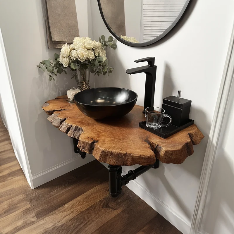 Spry Interior Mid-Century Floating Shelf, Narrow Solid Wood Washroom Vanity, Small Bathroom Single Sink Countertop Shelf SINLKIBRV147