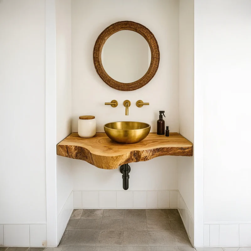 Spry Interior Rustic Floating Shelf, Live Edge Solid Wood Bathroom Vanity, Single Sink Washroom Countertop Console Shelf SINLSABRV097