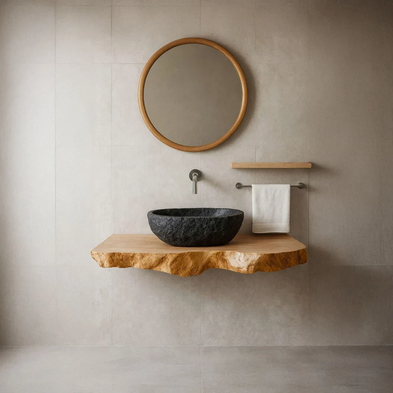 Spry Interior Mid-Century Floating Shelf Basin Stand, Solid Wood Bathroom Vanity Countertop, Single Sink Console Shelf SINLSABRV092
