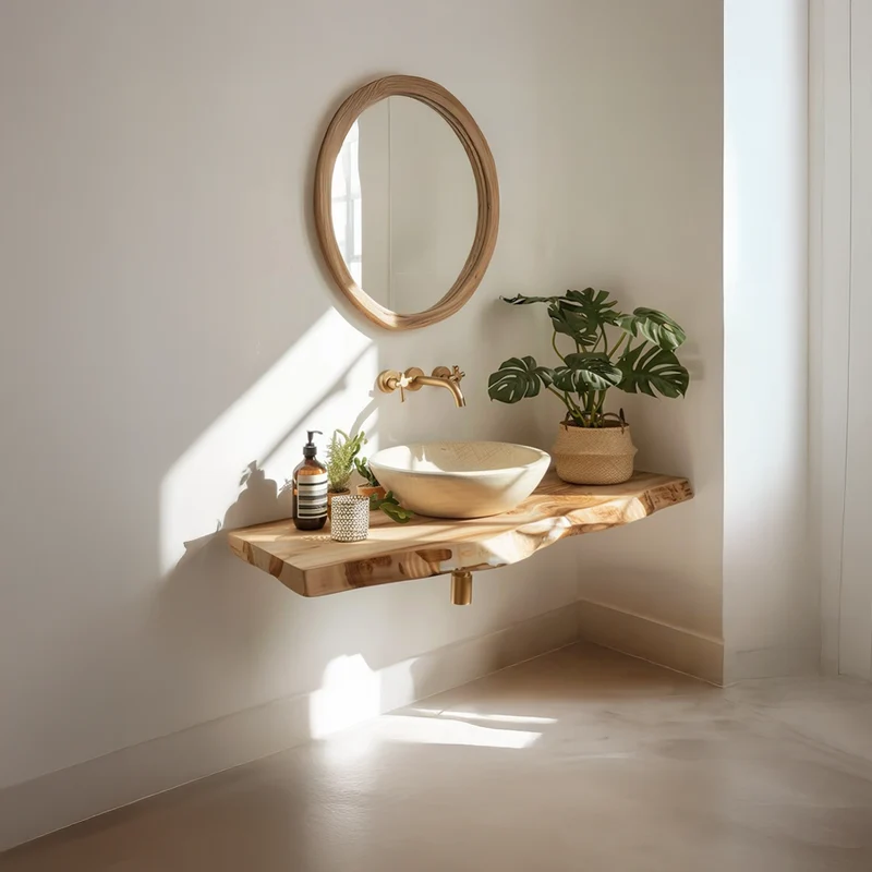 Spry Interior Mid-Century Floating Shelf, Solid Wood Bathroom Vanity Countertop, Single Sink Washroom Console Support Shelf SINLSABRV090