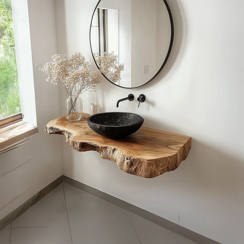 Spry Interior Rustic Minimalist Floating Shelf, Solid Wood Bathroom Vanity Countertop, Single Sink Washroom Support Shelf SINLSABRV065