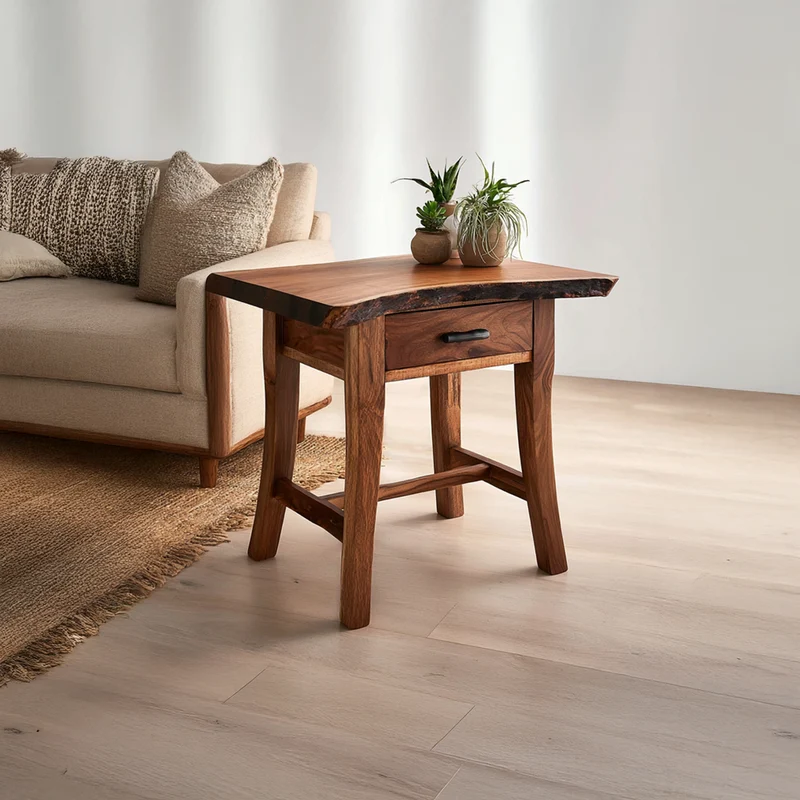 Spry Interior Rustic Solid Wood End Table with Storage, Live Edge Side Table for Living Room Sofa, Handcrafted Bedside Nightstand, SINLSABT100