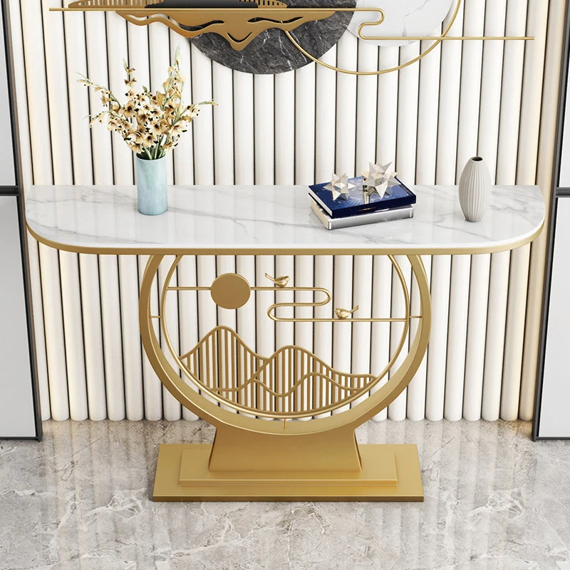 Glam Stone Half Moon Accent Table 1-shelf 31.5" Tall Console Table