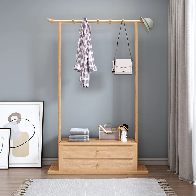 Traditional Chinese Rectangular Rubberwood Plywood Pine Wood Clothes Hall Tree 2-Drawer For Entryway