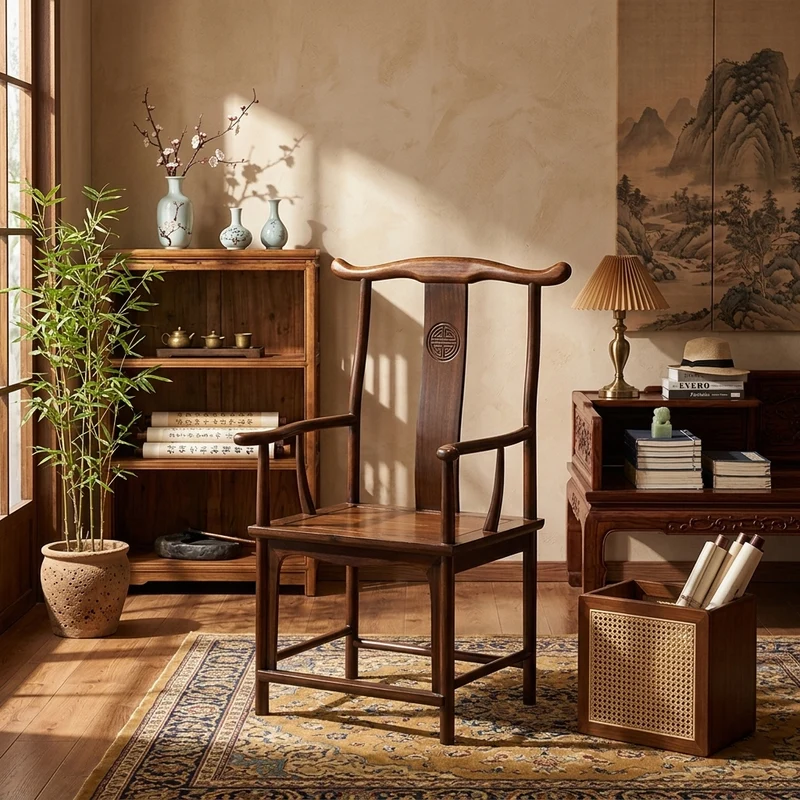 Traditional Chinese Rubberwood Plywood Official's Hat Dining Chair Armrest For Dining Room