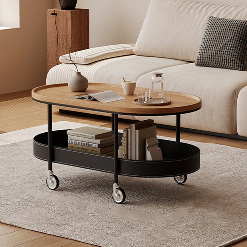 Contemporary Scandinavian Oval Iron Stainless Steel Saddle-Style Faux Leather PVC Panel Movable Coffee Table 2-Tier For Living Room