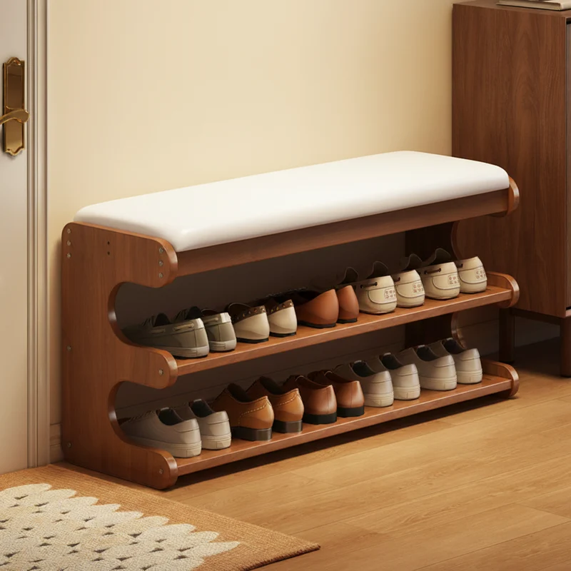 Modern Minimalist Bamboo PU Leather Rectangular Shoe Bench With 2-Tier Storage For Entryway