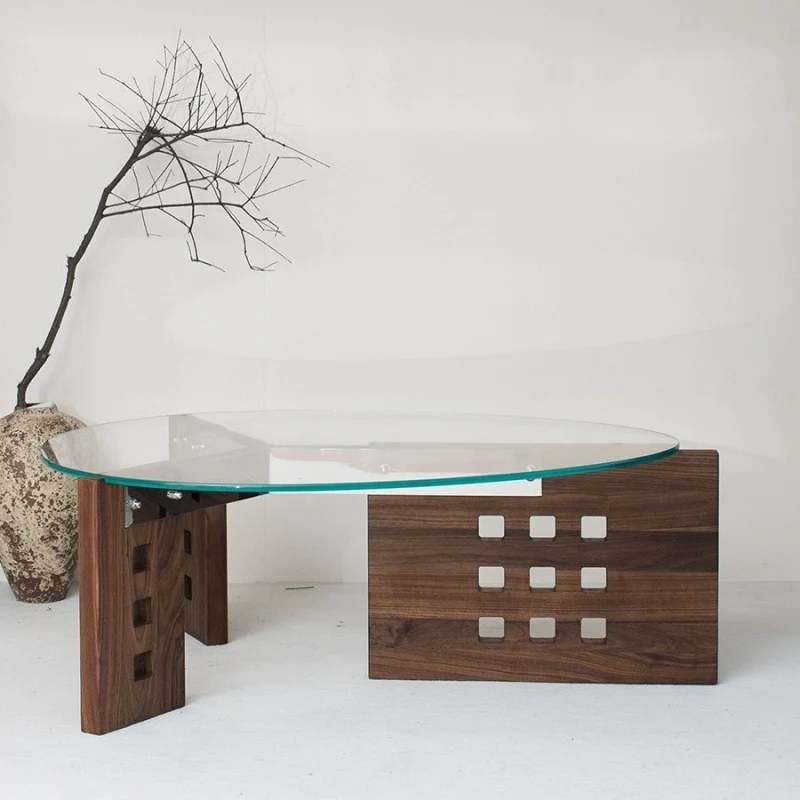 Modern Minimalist Tempered Glass Stainless Steel Solid Wood Oval Coffee Table With Perforated Base Single-Tier Table For Living Room